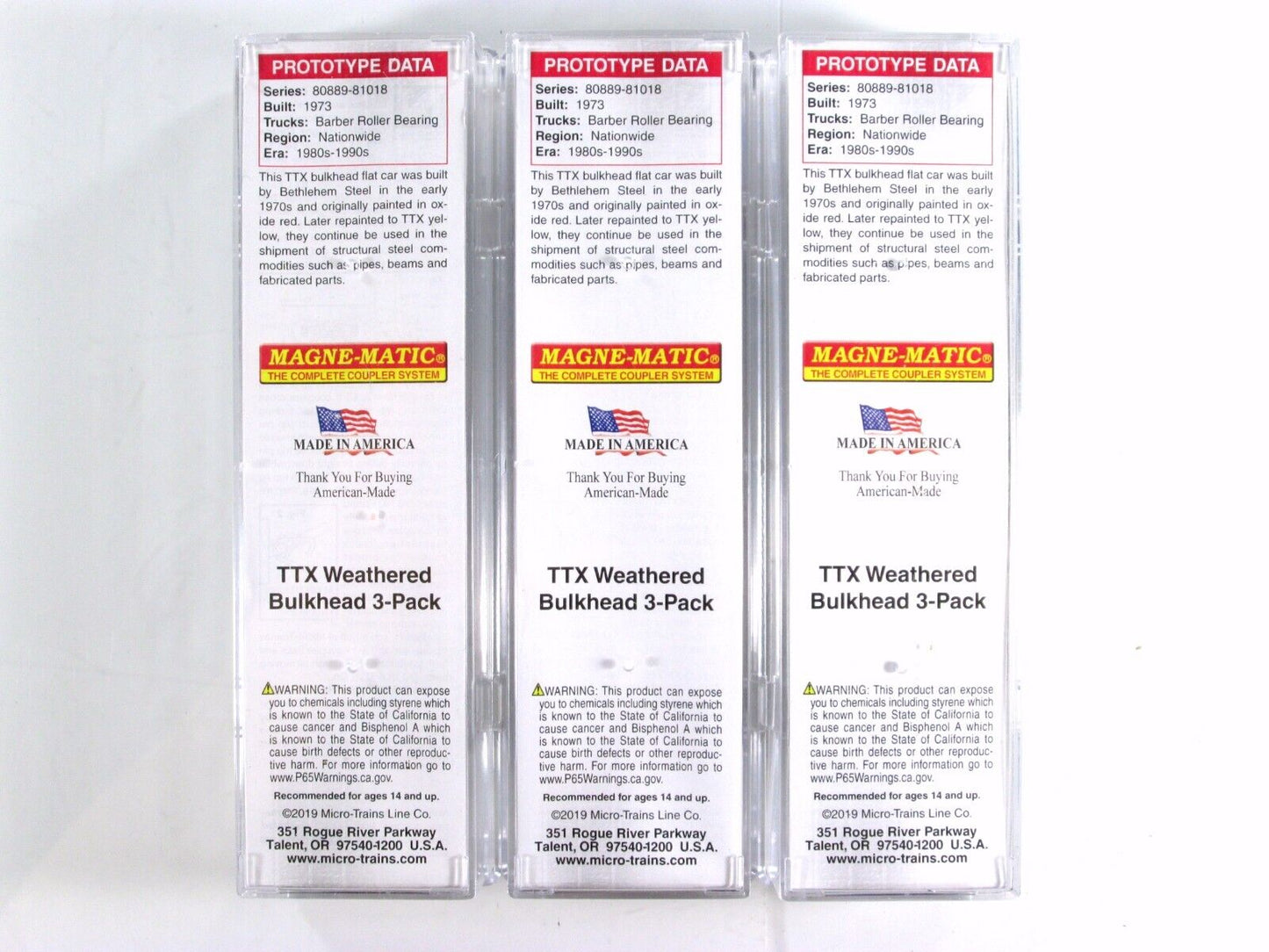 N Scale TTX WEATHERED 61' Bulkhead Flat Car 3-Pack Set - Micro Trains 993 05 560