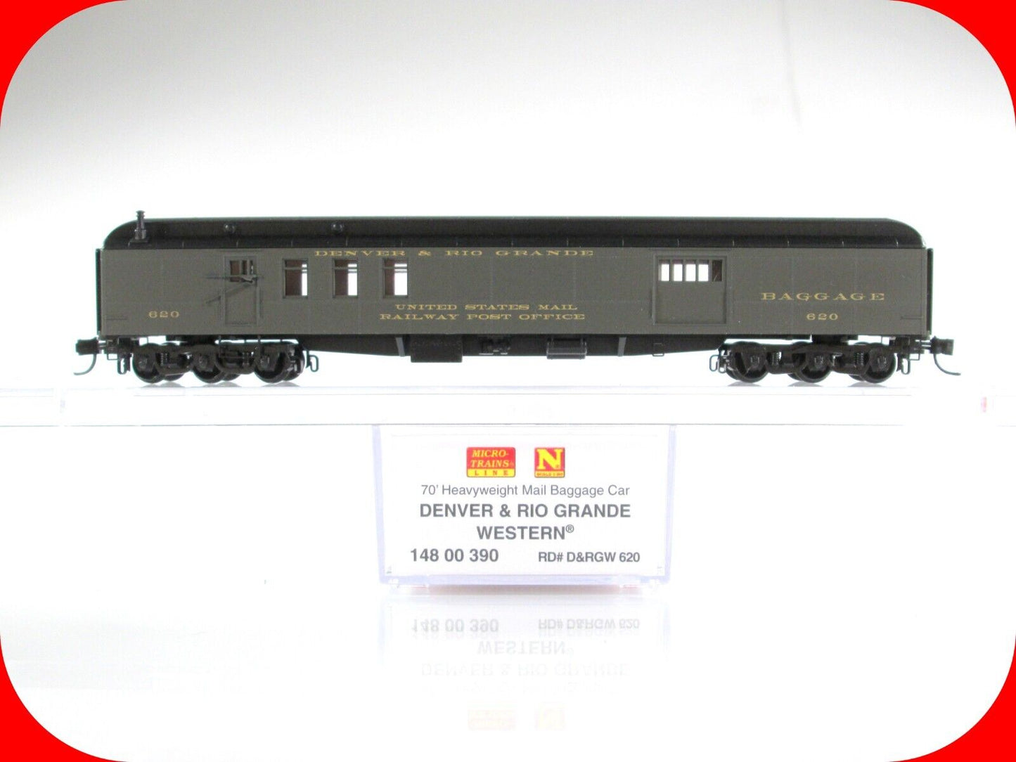 N Scale DENVER RIO GRANDE 70' RPO Baggage Car, D&RGW #620 -Micro Trains 14800390
