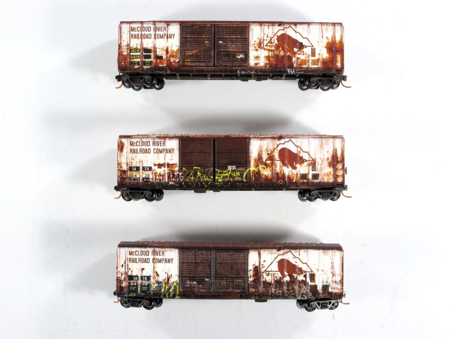 N Scale ***McCLOUD RIVER*** Weathered Box Car 3-Pack Set - Micro Trains 99305400