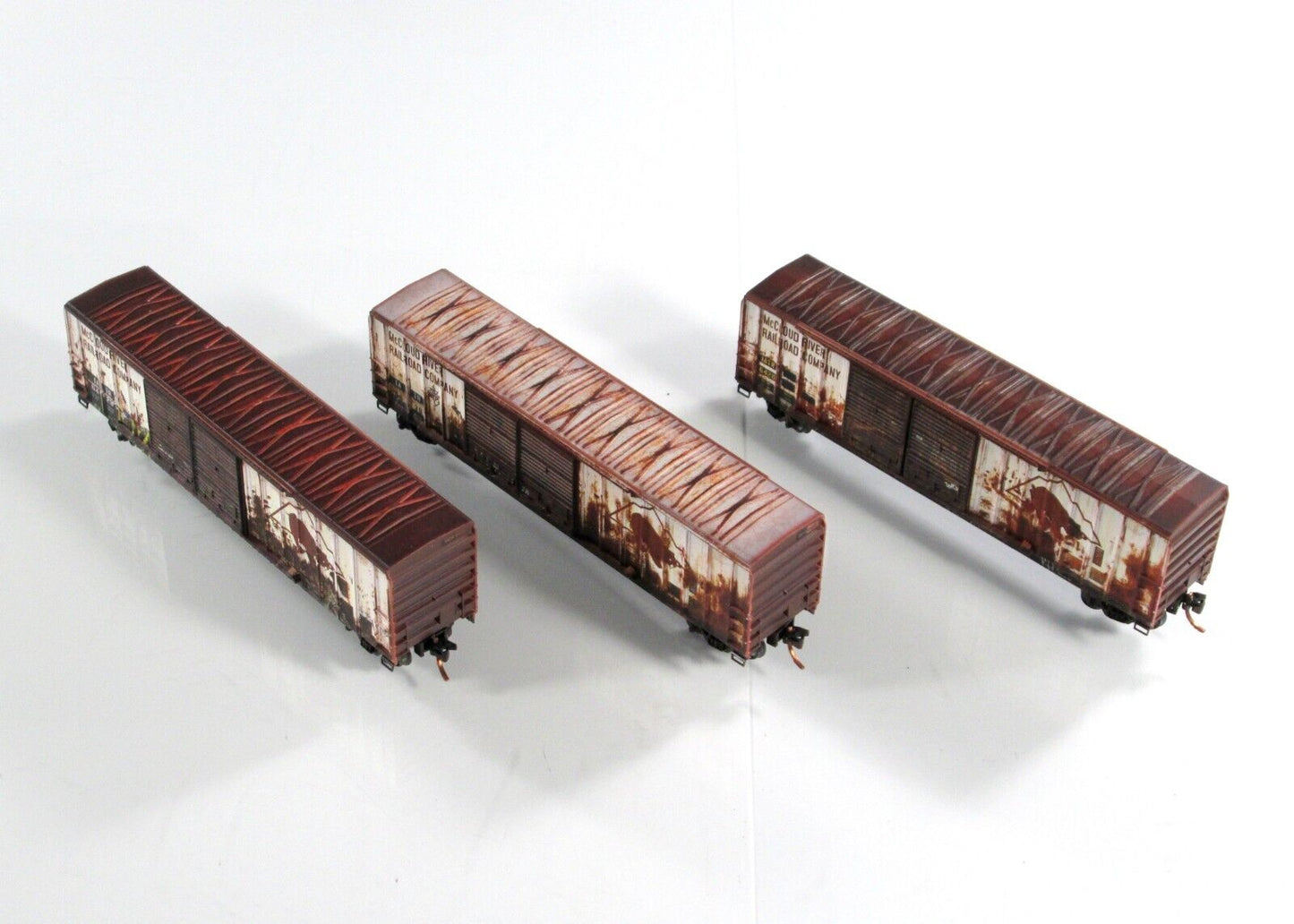 N Scale ***McCLOUD RIVER*** Weathered Box Car 3-Pack Set - Micro Trains 99305400