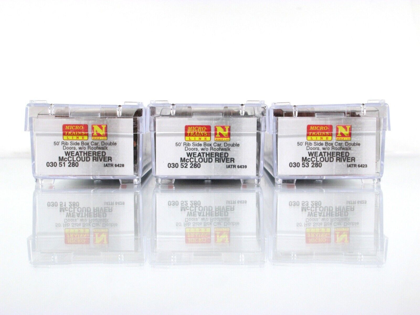 N Scale ***McCLOUD RIVER*** Weathered Box Car 3-Pack Set - Micro Trains 99305400