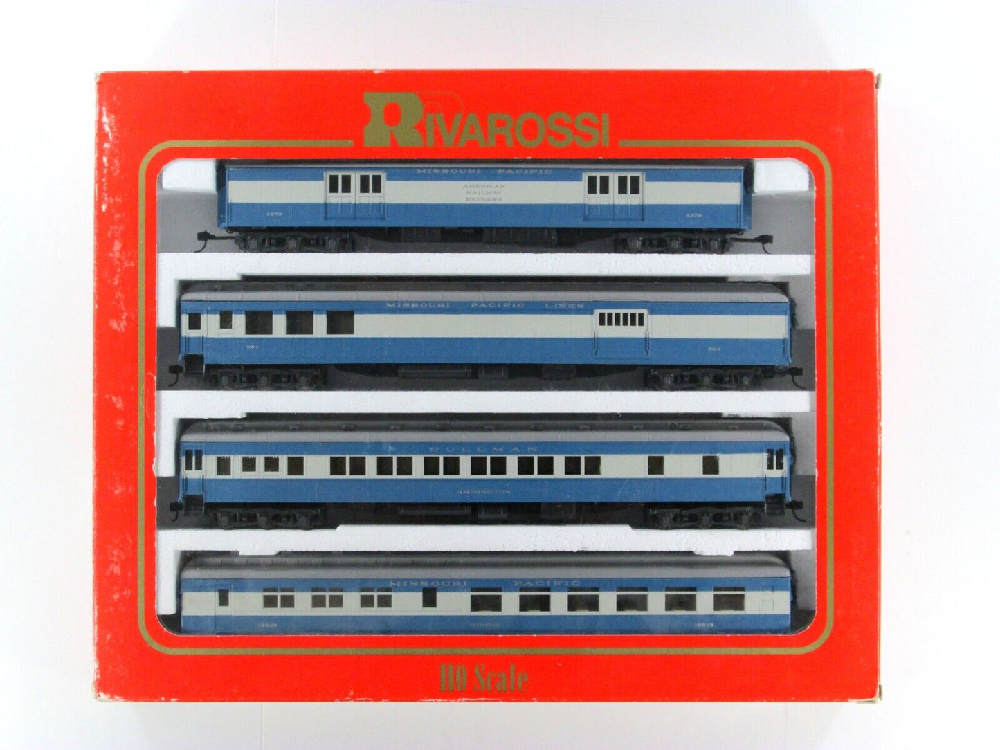 HO Scale *MISSOURI PACIFIC* 1920s Passenger Set A, Rivarossi 6896, Knuckle Cplrs