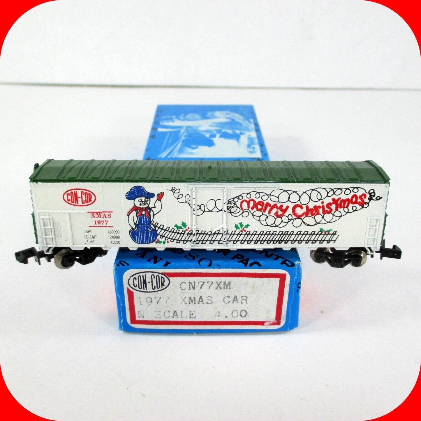 N Scale MERRY CHRISTMAS 50' Single Door Steel Box Car XMAS 1977 - Con-Cor CN77XM