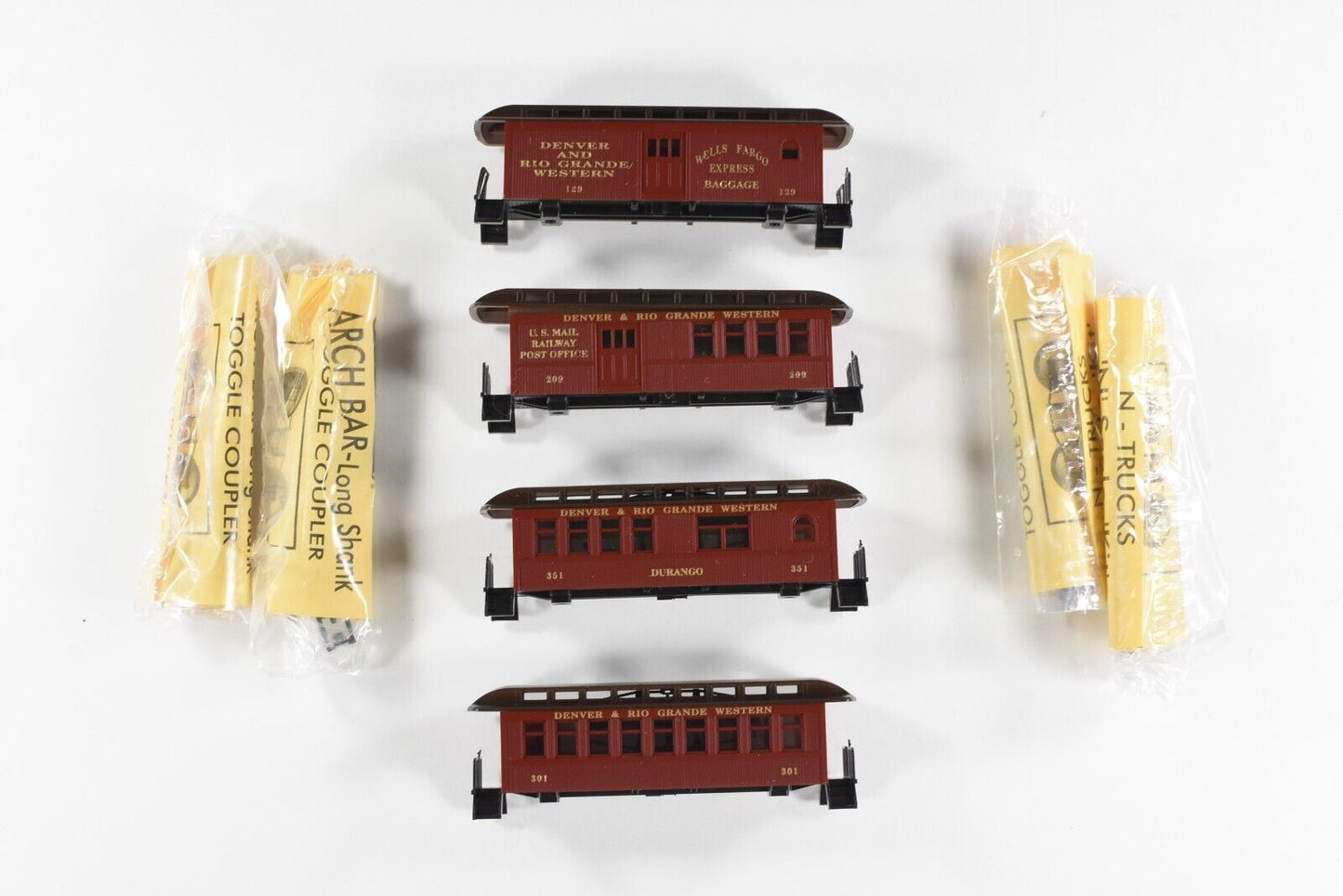 N Scale DENVER RIO GRANDE Pre-1918 Overton 4-Car Set  Roundhouse - Knuckle Cplrs