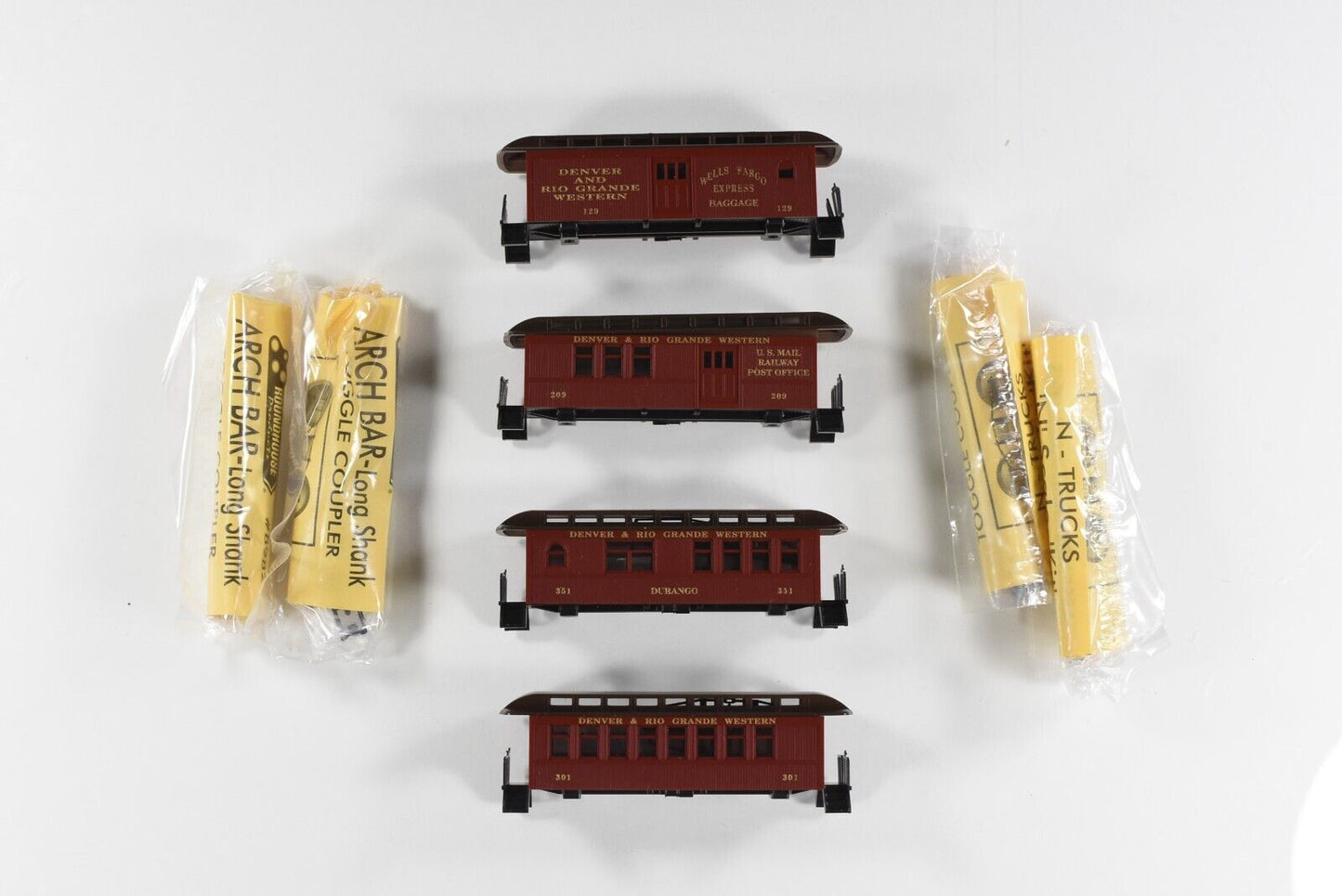 N Scale DENVER RIO GRANDE Pre-1918 Overton 4-Car Set  Roundhouse - Knuckle Cplrs