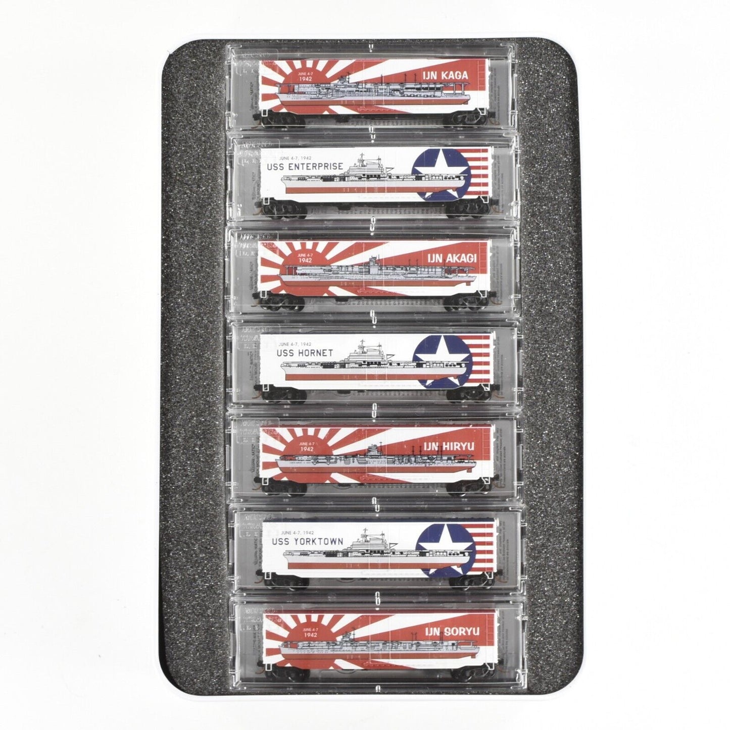 N Scale ***BATTLE of MIDWAY*** WWII Aircraft Carrier 7-Box Car Set -Micro Trains