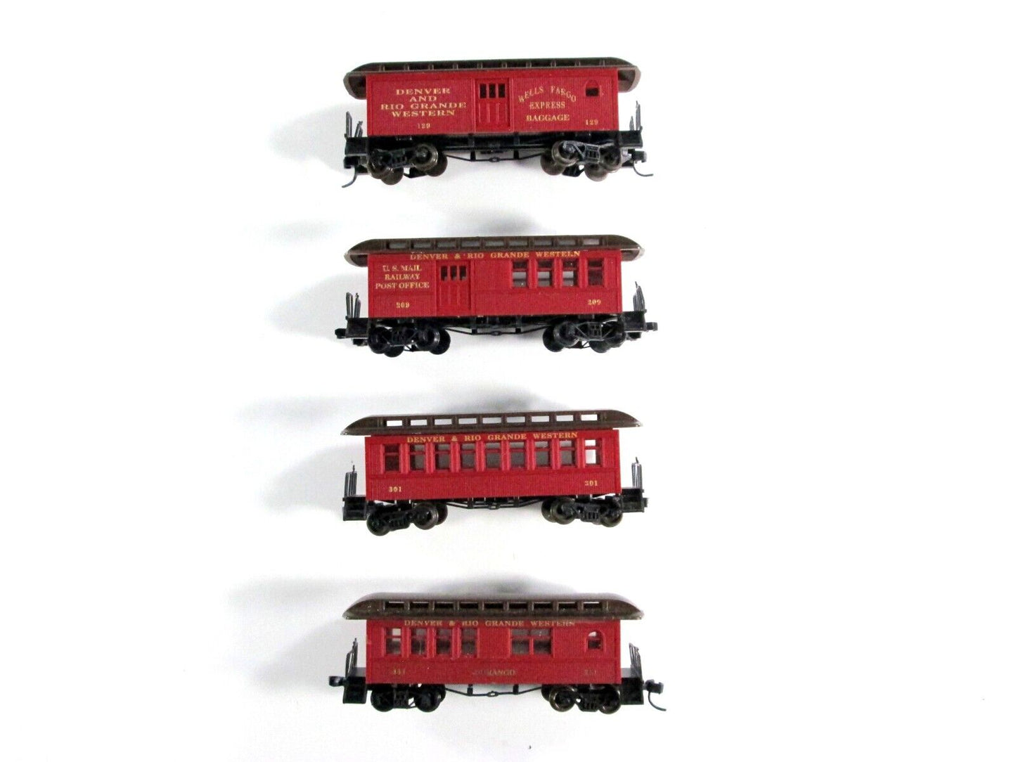 N Scale DENVER RIO GRANDE Pre-1918 Overton 4-Car Set, Roundhouse Knuckle Coupler