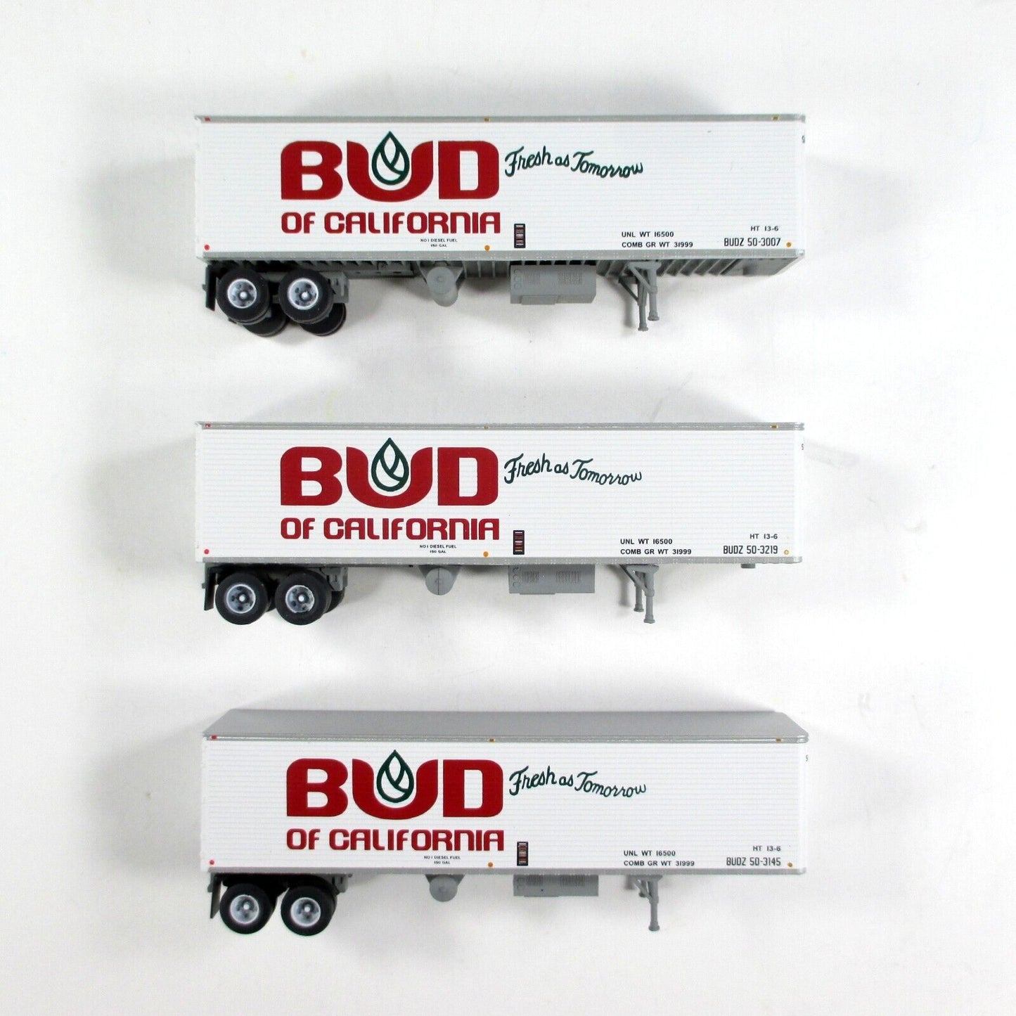 N Scale ***BUD of CALIFORNIA*** 40' Trailer Van 3-Pack Set - Trainworx 40254