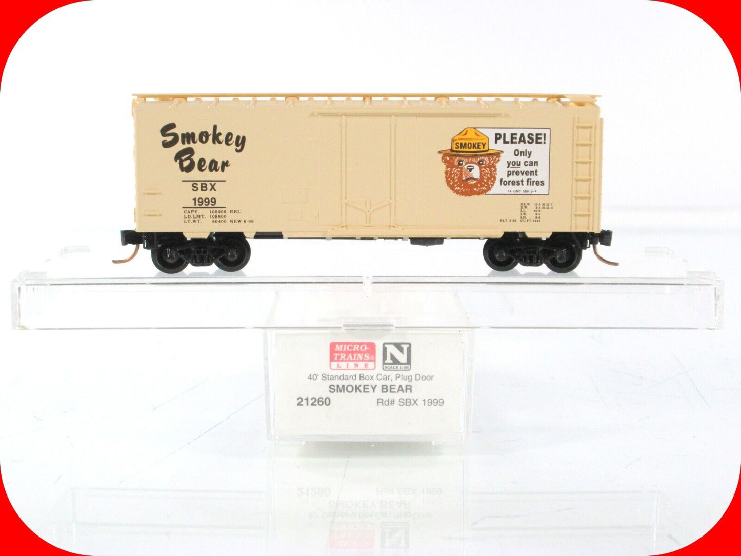 N Scale ***SMOKEY BEAR*** Fire Prevention Box Car, SBX 1999 - Micro Trains 21260