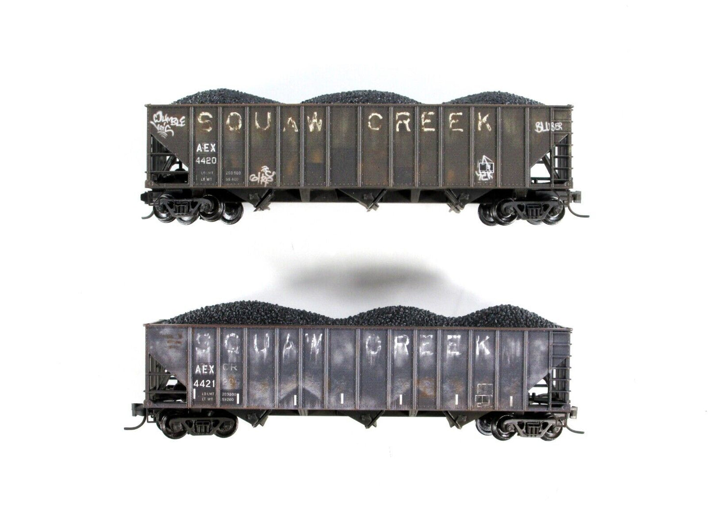 N Scale ***AEX, SQUAW CREEK*** Weathered Coal Hopper Set - Micro Trains 99305034