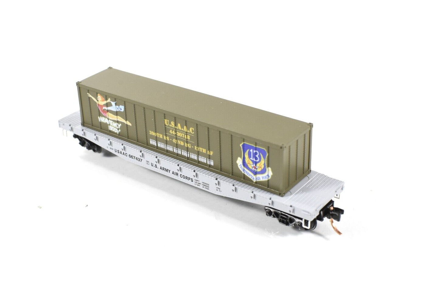 N Scale US ARMY AIR CORPS Flat Car,  **HEAVENLY BODY** Container  - MICRO-TRAINS