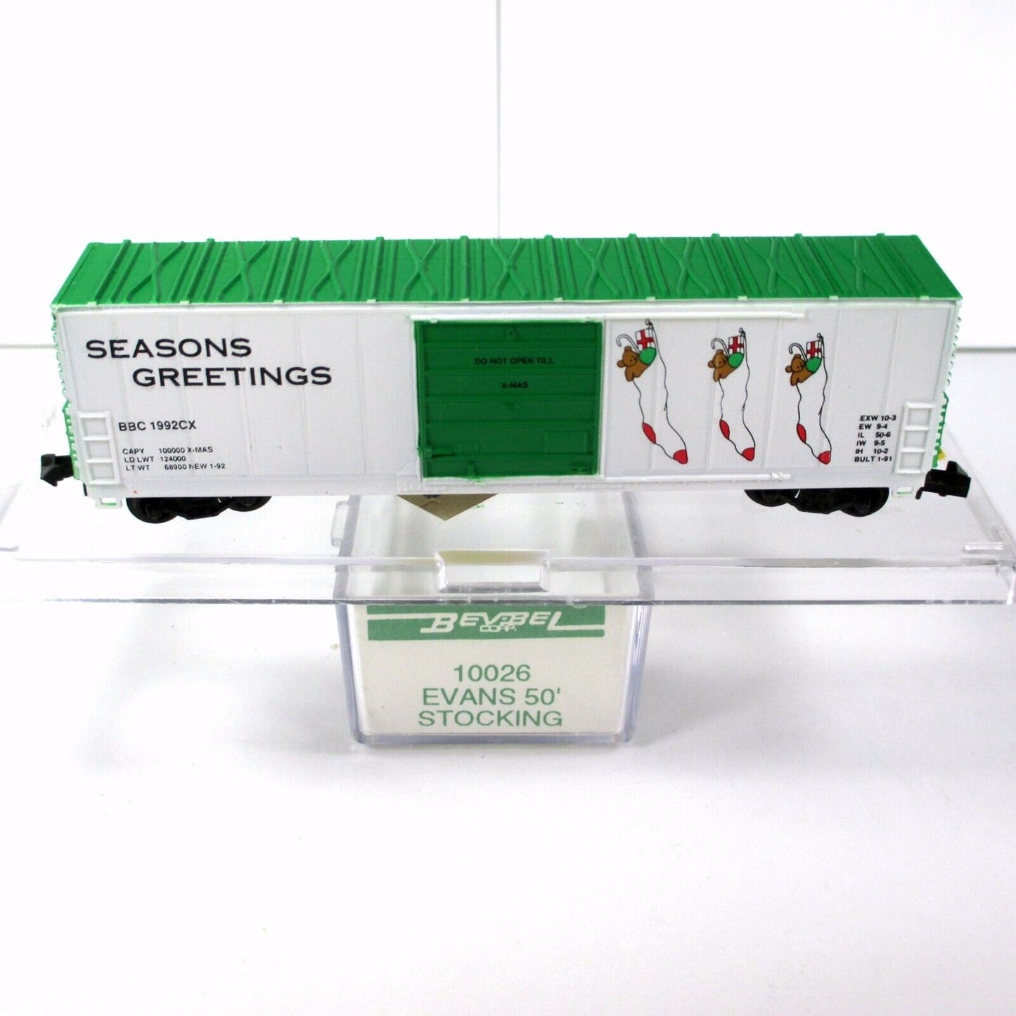 N Scale **SEASON'S GREETINGS** Christmas Stocking Box Car, 1992 -- Bev-Bel 10026