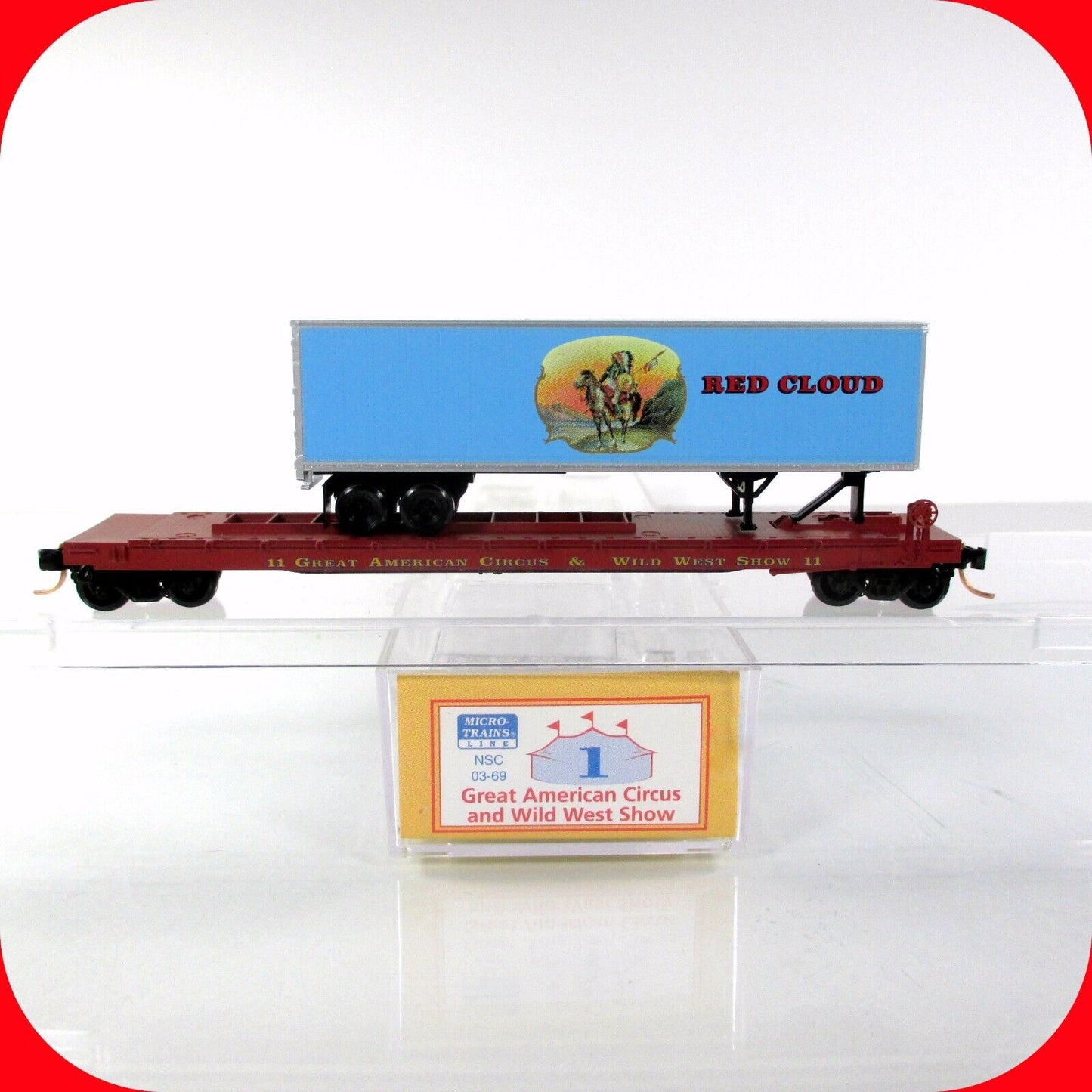N Scale ****RED CLOUD**** Circus Trailer on Flat Car #11 -- MTL, Lowell Smith #1