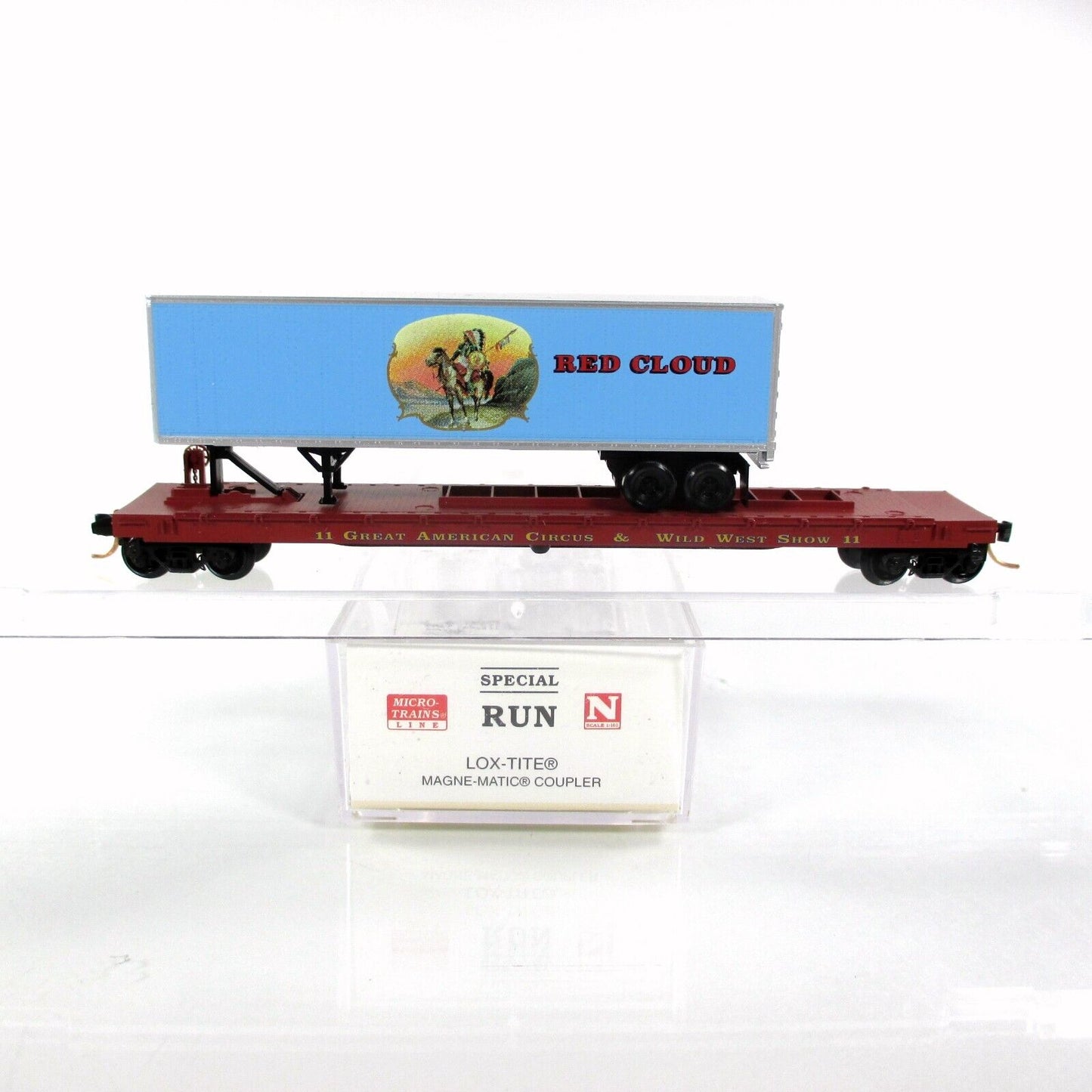 N Scale ****RED CLOUD**** Circus Trailer on Flat Car #11 -- MTL, Lowell Smith #1