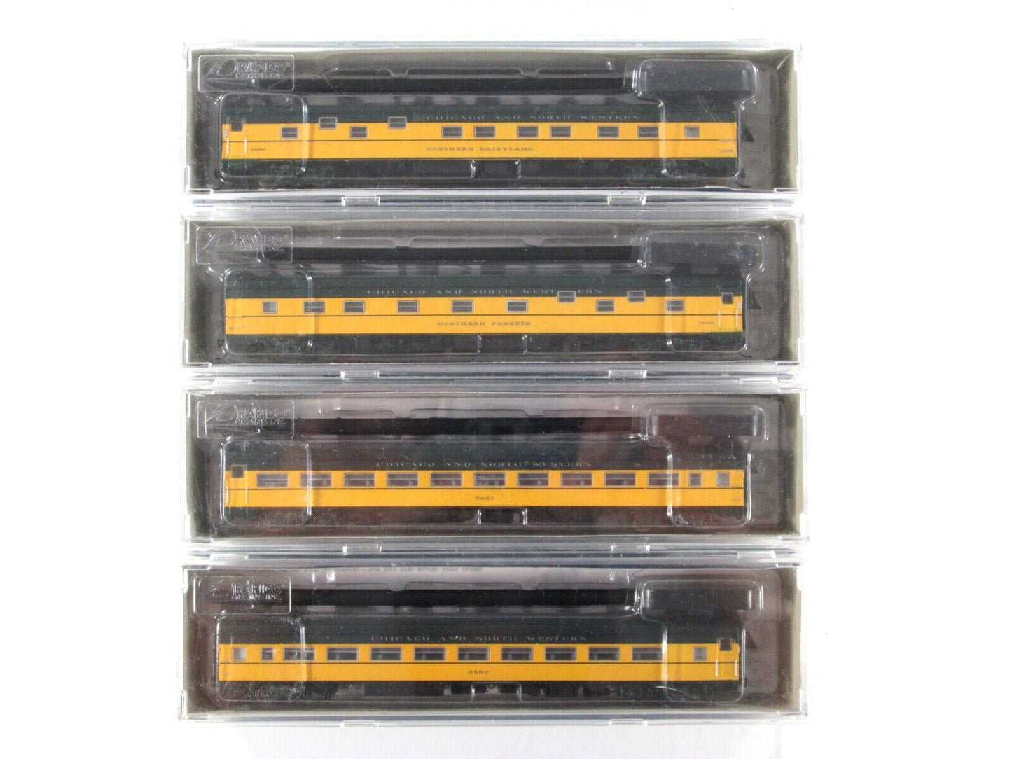 N Scale CHICAGO NORTH WESTERN Passenger Coach, Sleeper 4-Pack Set -Rapido TRAINS