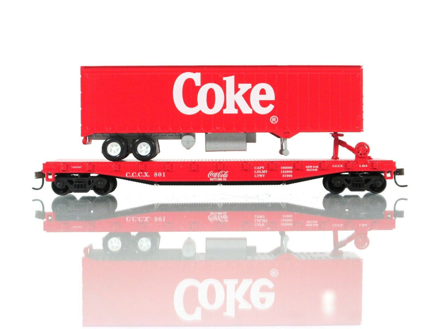 HO Scale ***COKE*** 50' Flat Car &Trailer CCCX 801 - Athearn 8302, Knuckle Cplrs