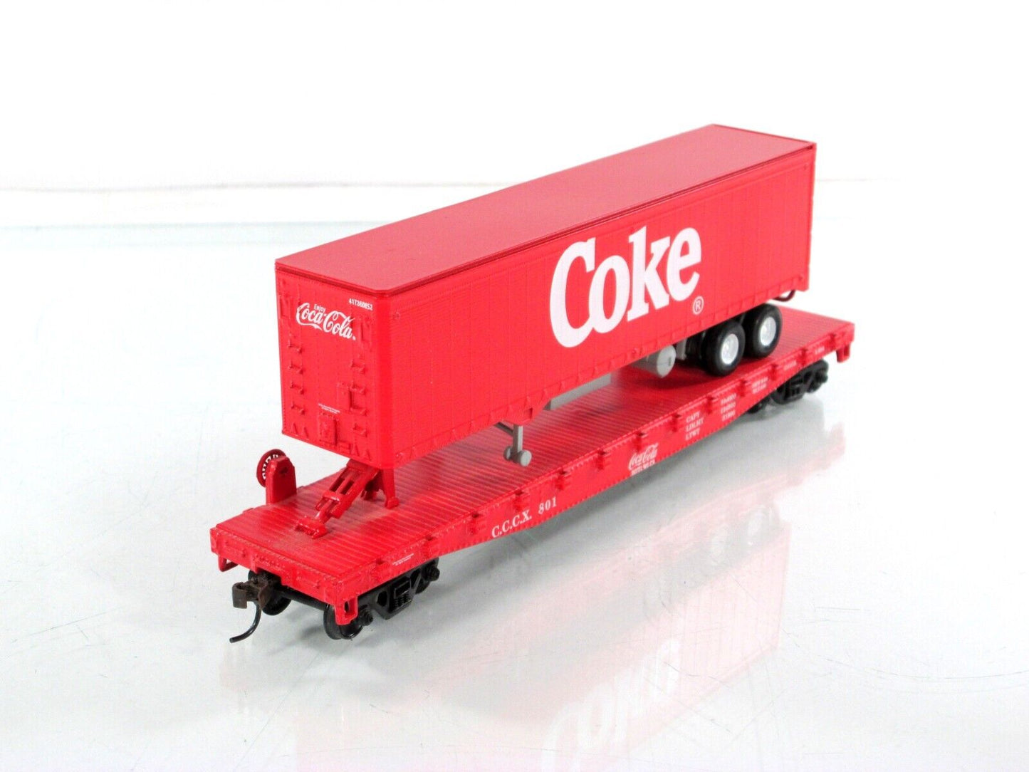 HO Scale ***COKE*** 50' Flat Car &Trailer CCCX 801 - Athearn 8302, Knuckle Cplrs