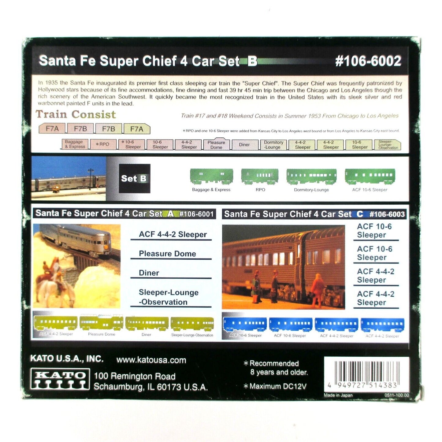 N Scale ***SANTA FE SUPER CHIEF*** Lightweight Passenger Set B --  Kato 106-6002