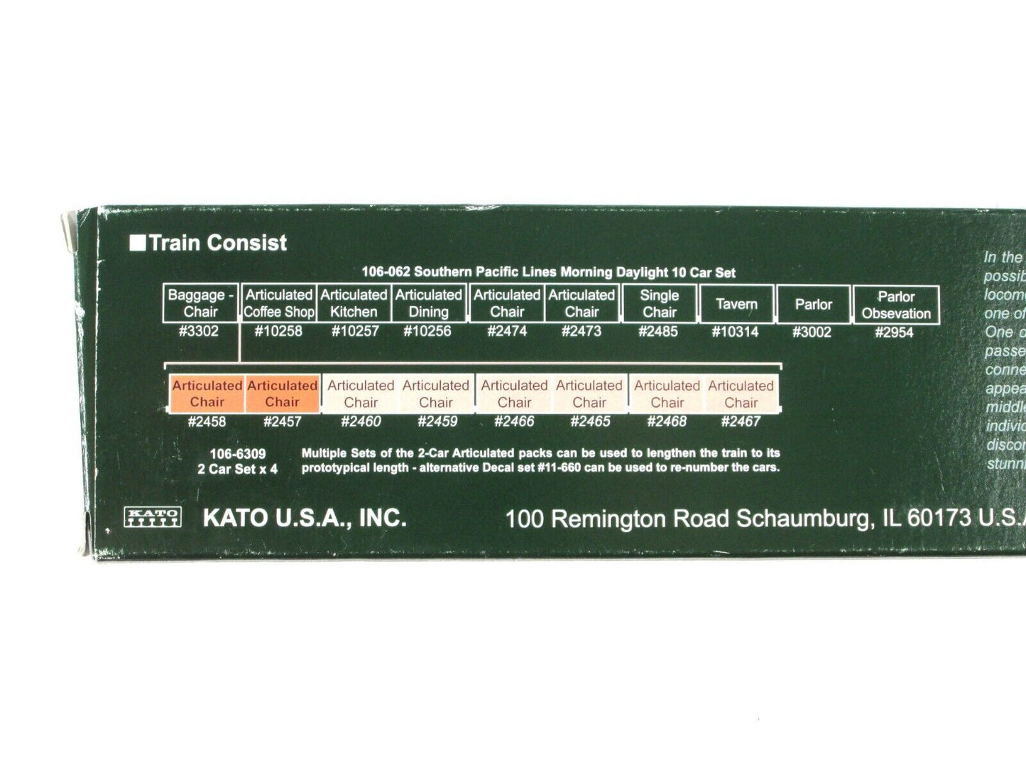 N Scale LIGHTED Southern Pacific MORNING DAYLIGHT Car #2457,2458 - Kato 106-6309