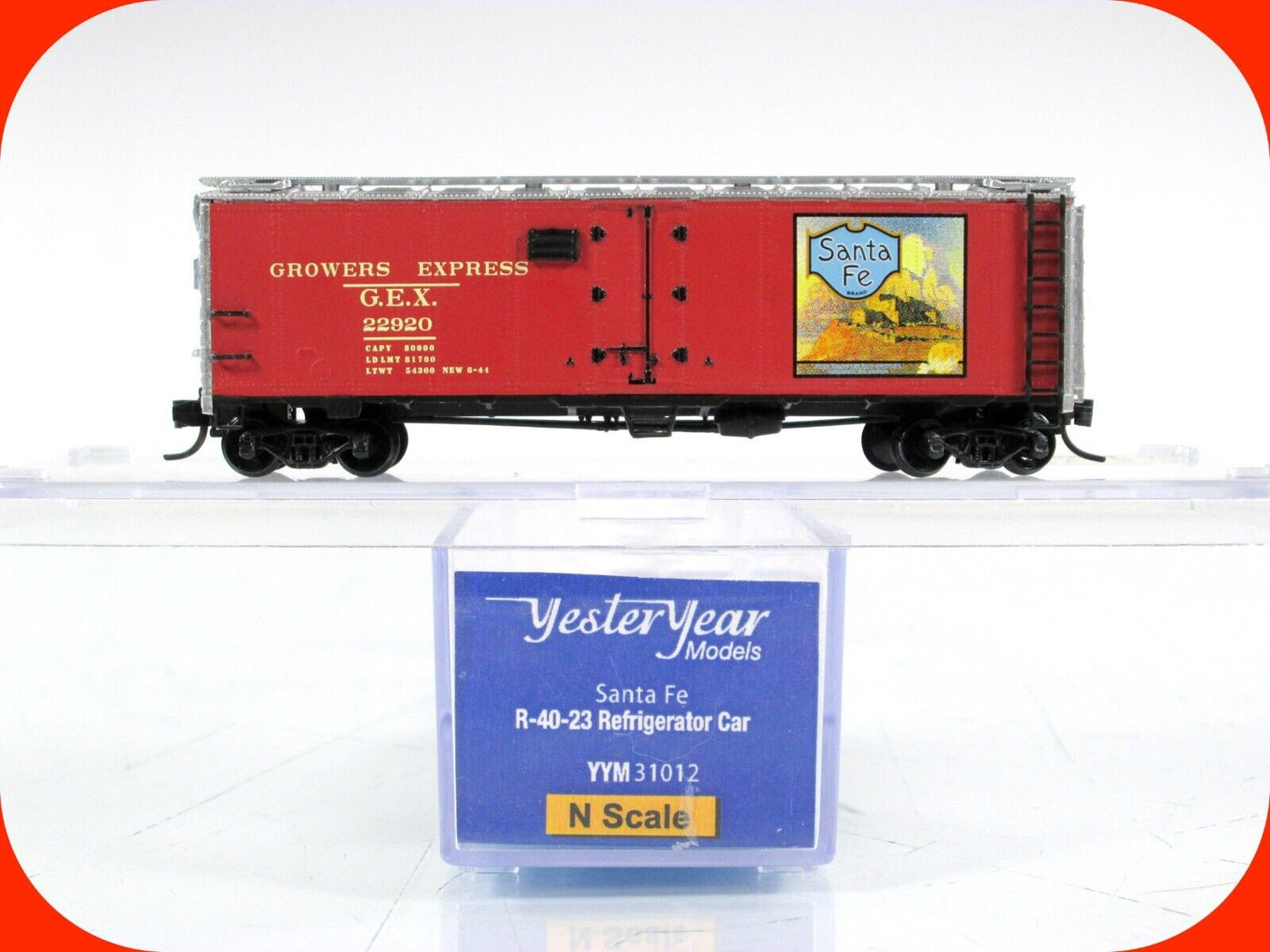 N Scale ***GROWERS EXPRESS, SANTA FE*** Reefer #22920 - YesterYear, MTL Couplers