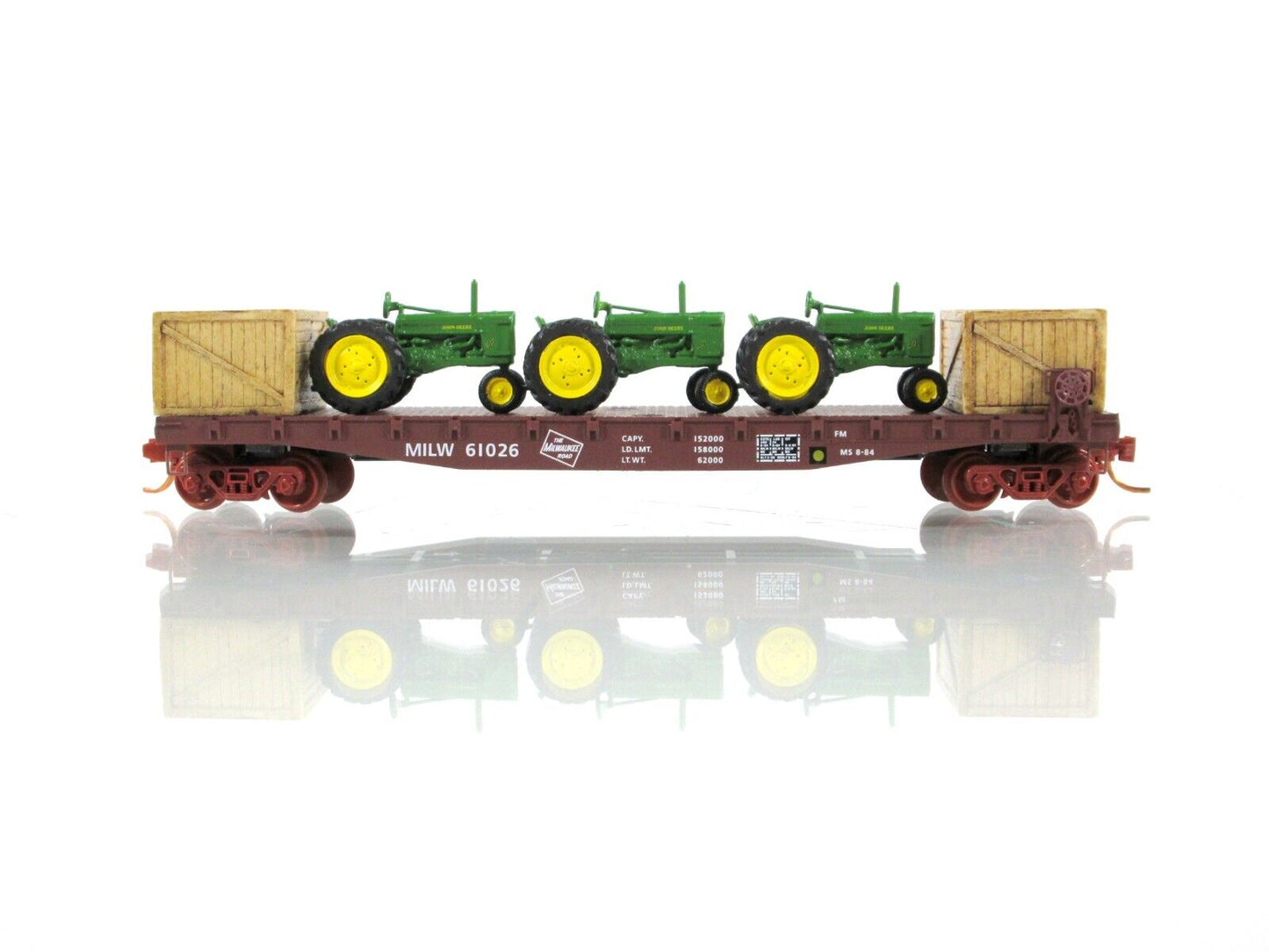 N Scale ***MILWAUKEE ROAD, JOHN DEERE TRACTORS*** Flat Car -Micro Trains Special