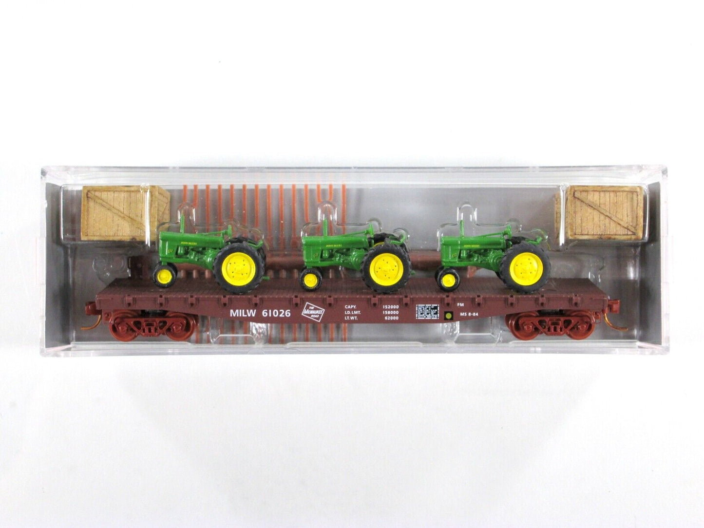 N Scale ***MILWAUKEE ROAD, JOHN DEERE TRACTORS*** Flat Car -Micro Trains Special