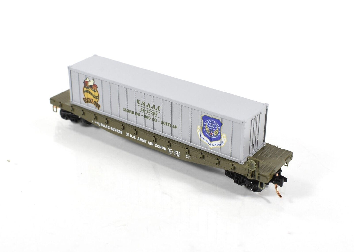 N Scale **ARMY Air Corps Flat Car, BOCKS CAR** Container - Micro-Trains 04500502