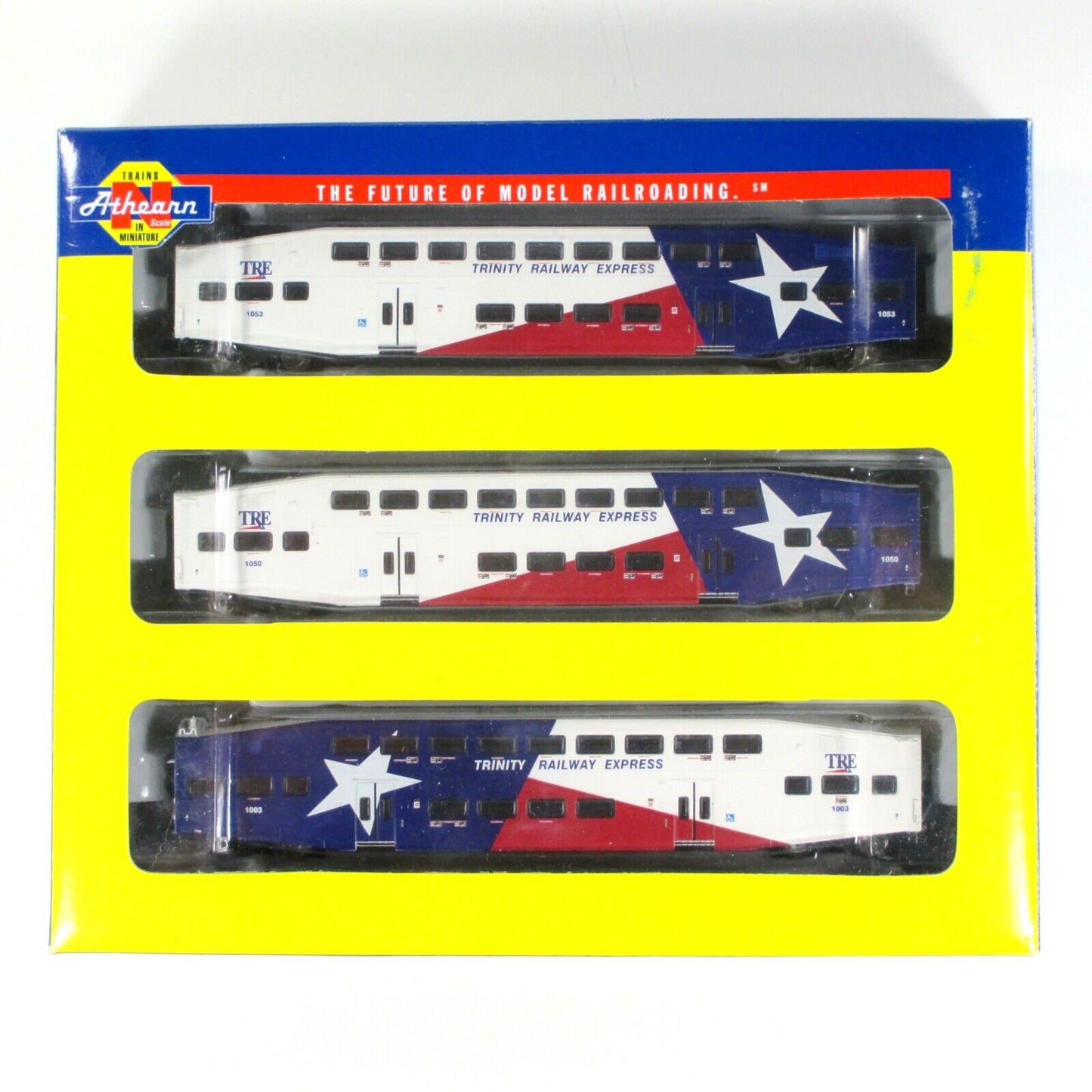 N Scale ***TRINITY RAILWAY EXPRESS*** TRE Bombardier 3-Set - Athearn 10166 *RARE