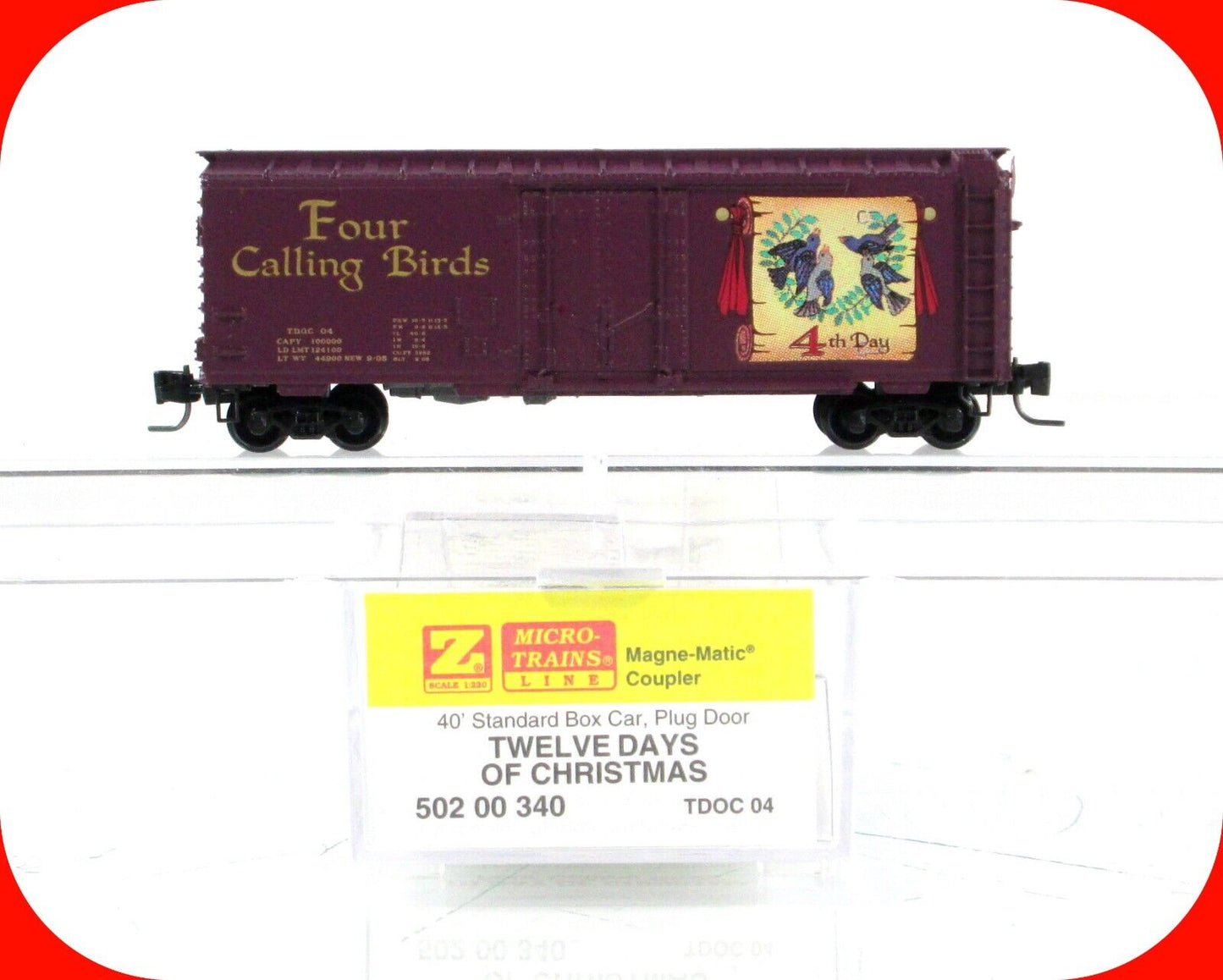 Z Scale **FOUR CALLING BIRDS** 12 Days Christmas Box Car - Micro Trains 50200340