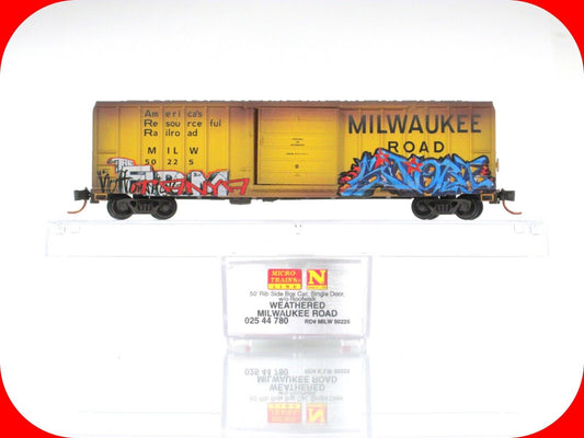 N Scale ***MILWAUKEE ROAD*** Weathered & Graffiti Box Car, Micro Trains 02544780