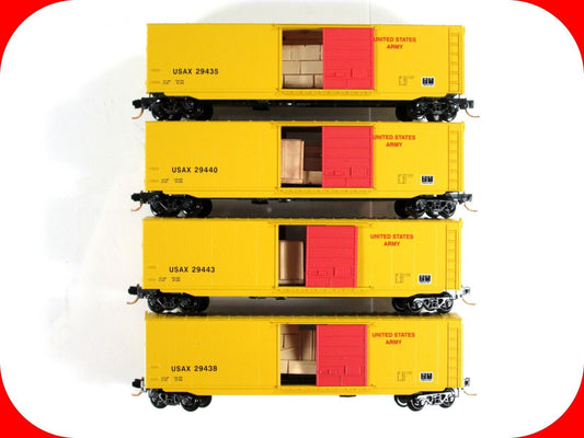 N Scale ***US ARMY*** 50' Box Car 4-Pack, w/ Crate Loads,  Micro Trains 99300019