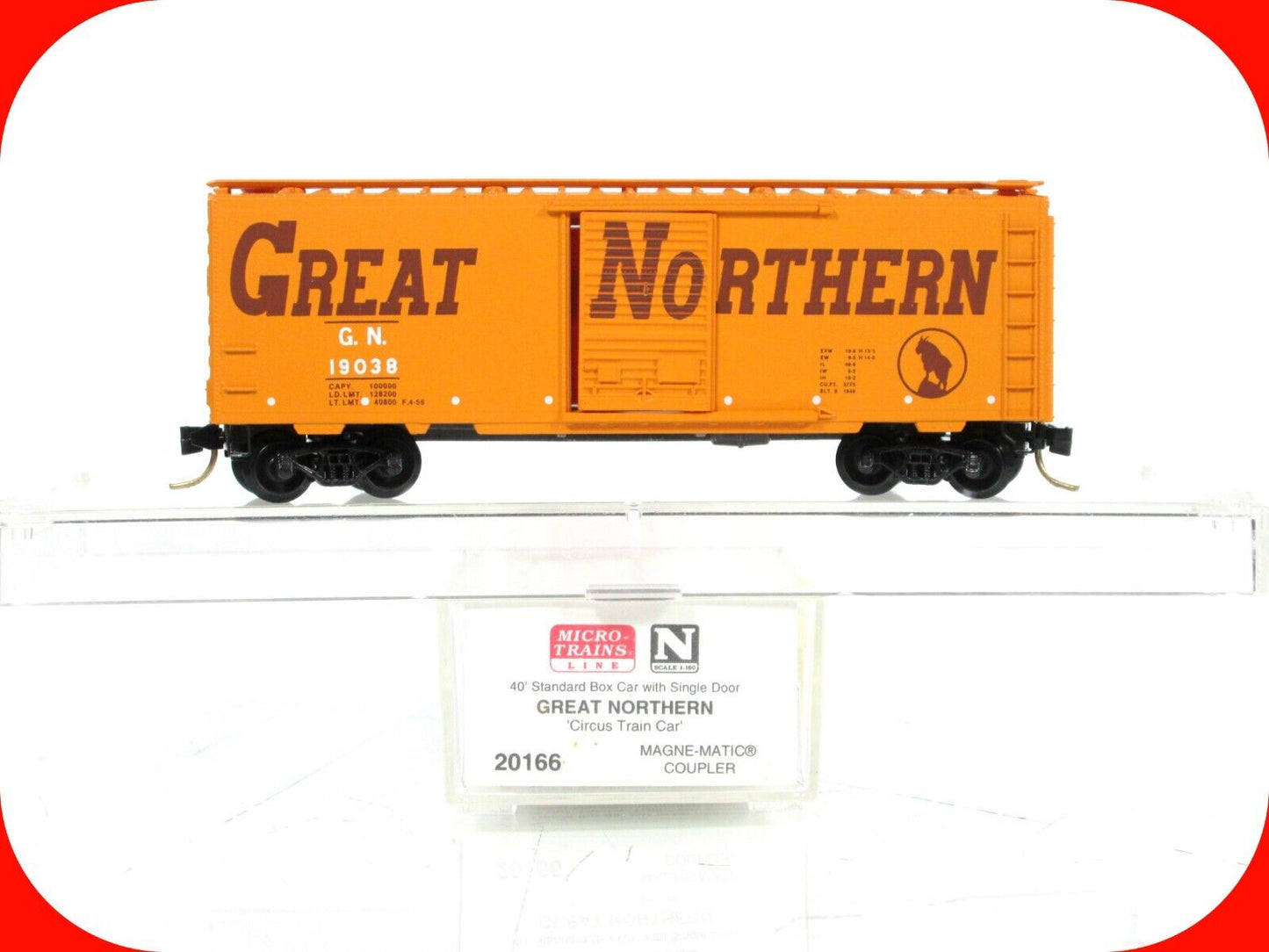 N Scale ***GREAT NORTHERN*** CIRCUS 40' Box Car, GN 19038 --- Micro Trains 20166