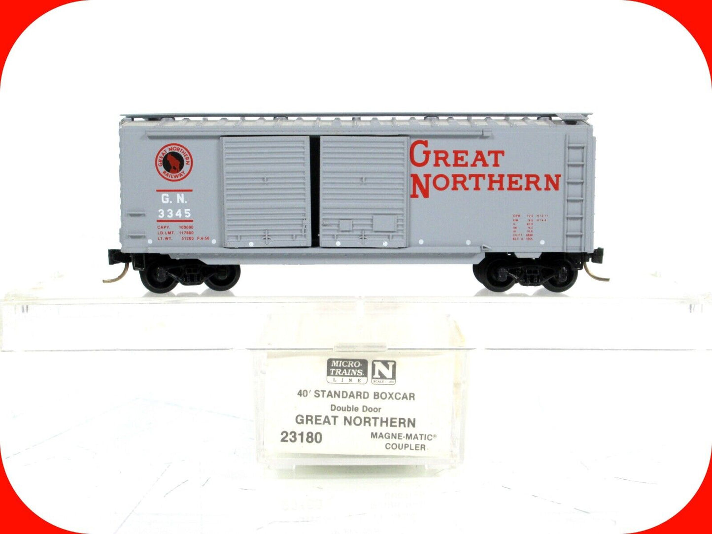 N Scale ***GREAT NORTHERN*** CIRCUS 40' Box Car, GN 3345 ---- Micro Trains 23180