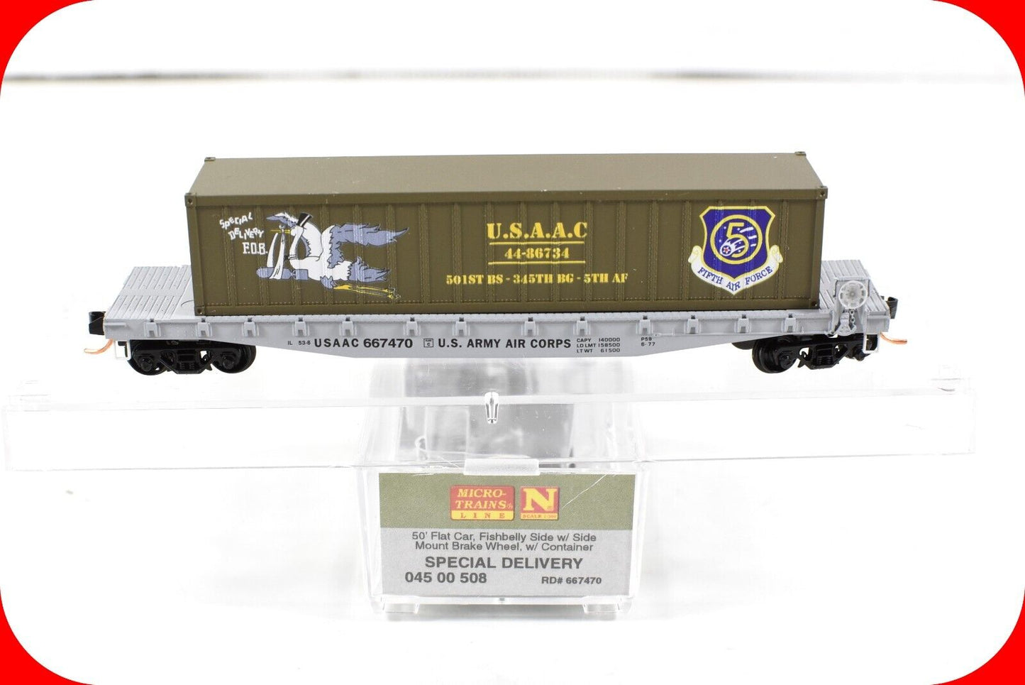 N Scale *WWII USAAC Flat Car, SPECIAL DELIVERY* Container -Micro-Trains 04500508