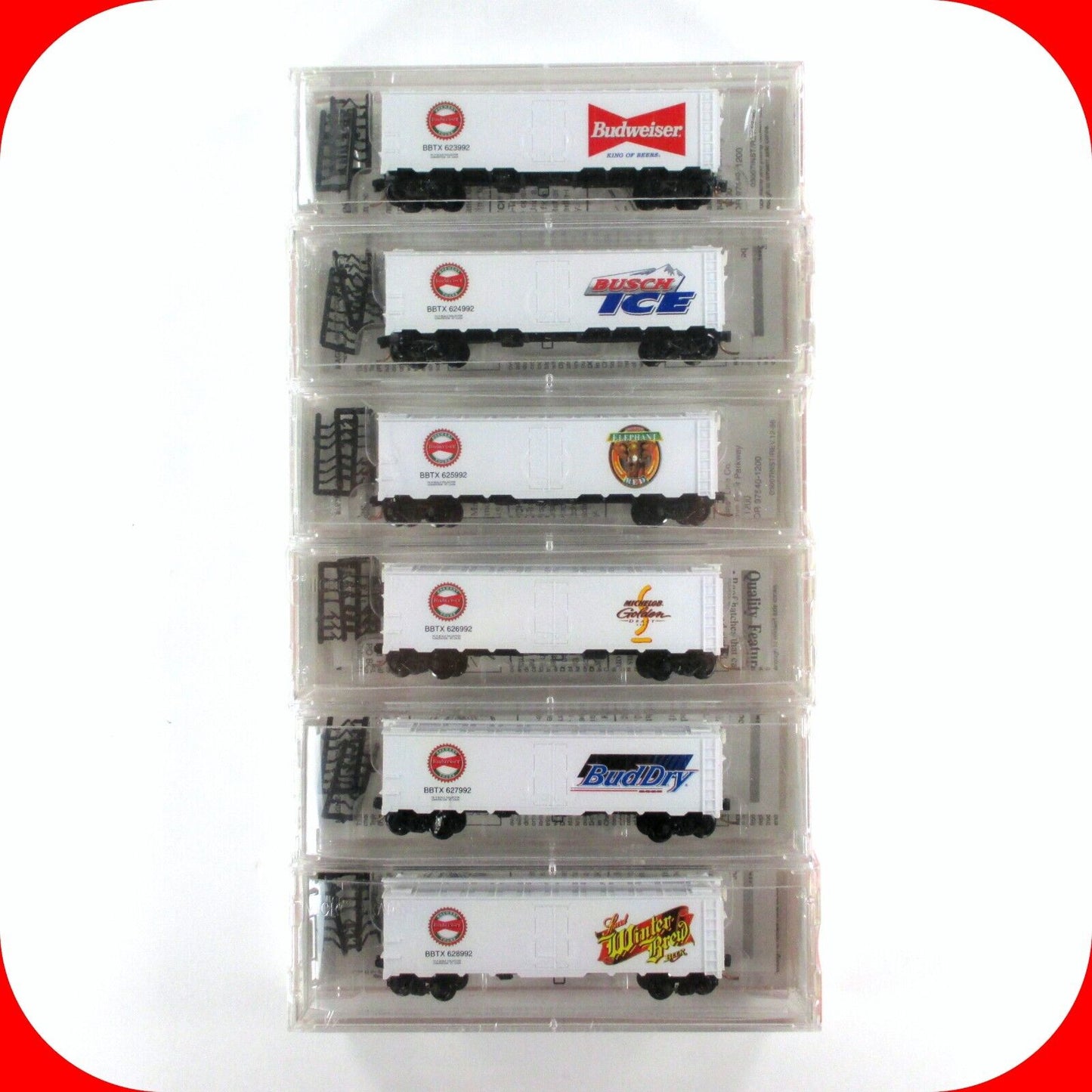 N Scale ANHEUSER BUSCH / BUDWEISER BEER 40' Ice Reefer 6-Pack Set - Micro Trains