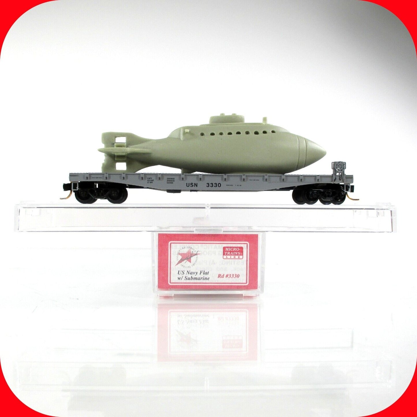 N Scale US NAVY Submarine on 50' Flat Car, USN 3330 - Micro Trains, Lowell Smith