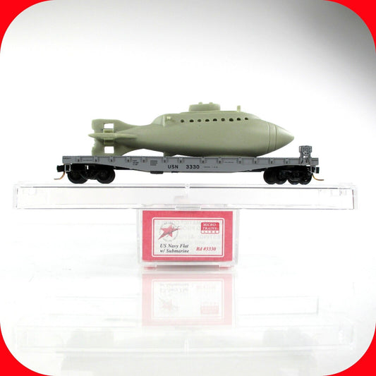 N Scale US NAVY Submarine on 50' Flat Car, USN 3330 - Micro Trains, Lowell Smith