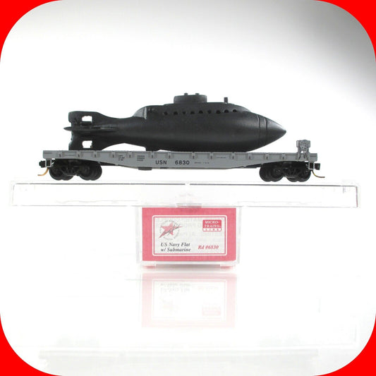 N Scale US NAVY Submarine on 50' Flat Car, USN 6830 - Micro Trains, Lowell Smith