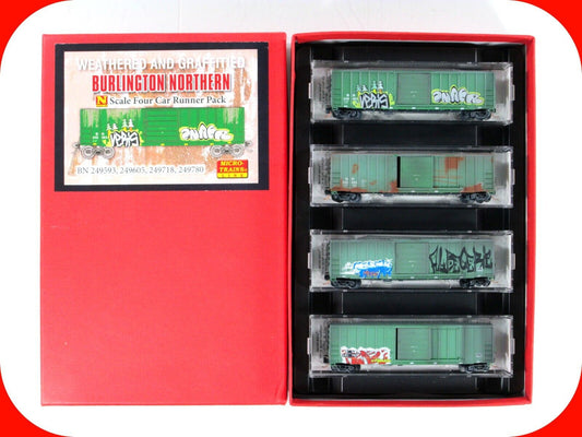 N Scale *BURLINGTON NORTHERN* Weathered Graffiti Box Cars -Micro Trains 99305090