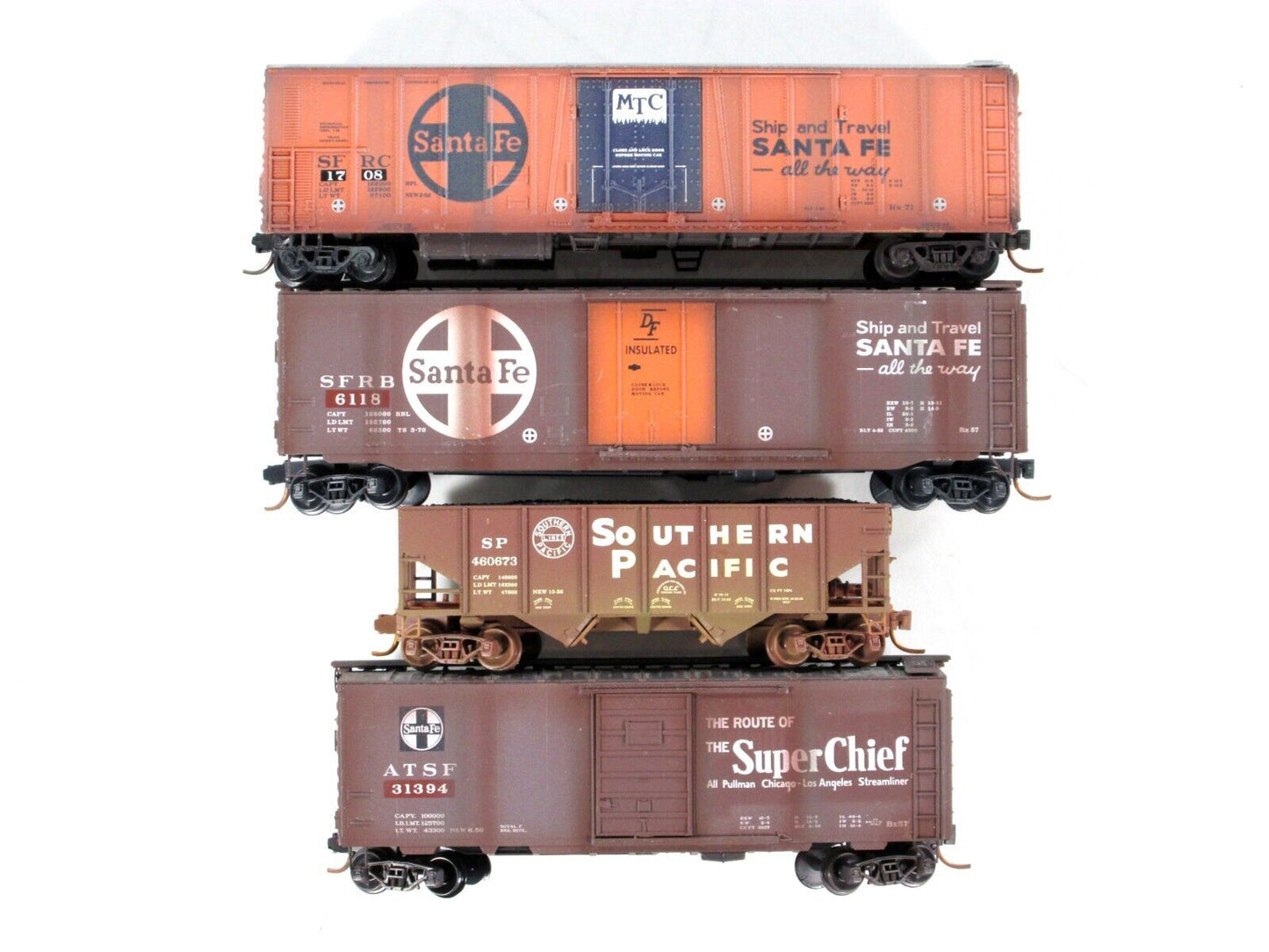 N Scale ** ATSF / SP ** Weathered Box Car, Hopper 4-Pack - Micro Trains 99305190