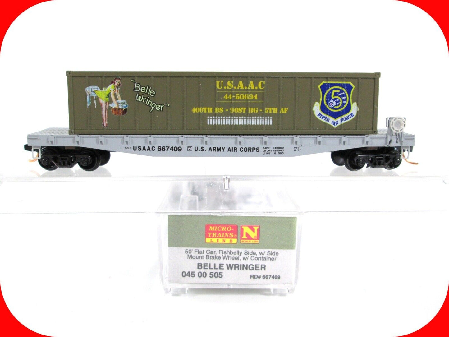 N Scale **WWII USAAC Flat Car, BELLE WRINGER** Container - Micro-Trains 04500505