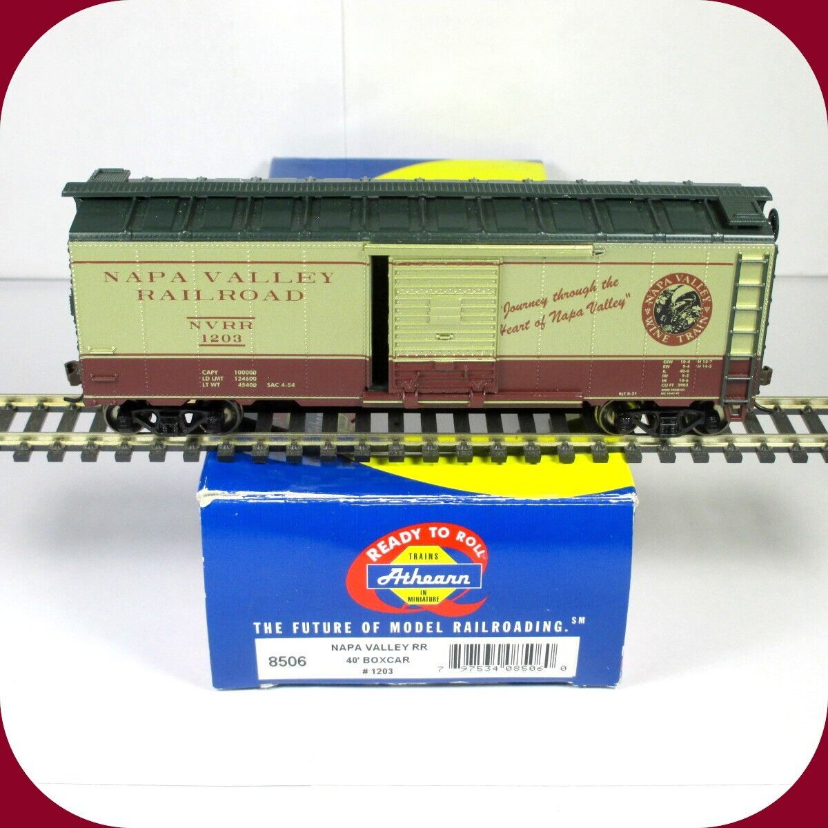 HO Scale *NAPA VALLEY* Railroad Wine Train 40' Box Car, NVRR 1203 - Athearn 8506