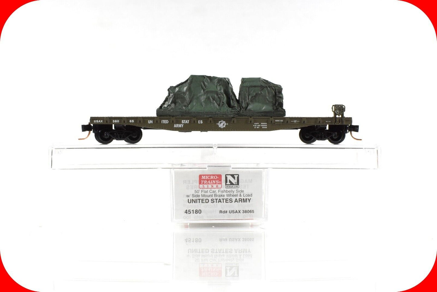 N Scale *US ARMY* 50' Flat Car w/ Military Load, USAX 38065 - Micro Trains 45180