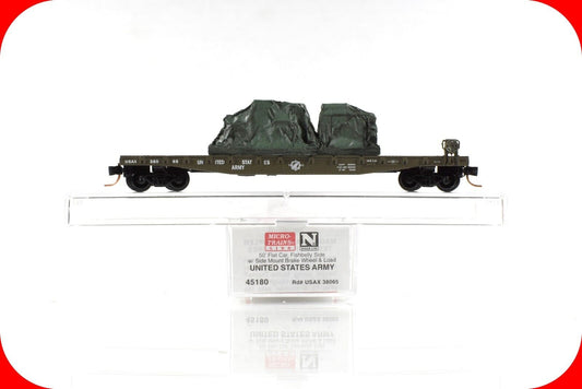 N Scale *US ARMY* 50' Flat Car w/ Military Load, USAX 38065 - Micro Trains 45180