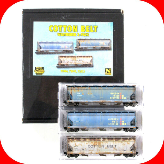 N Scale **COTTON BELT, GOLDEN WEST** Weathered Hopper Set -Micro Trains 98305029