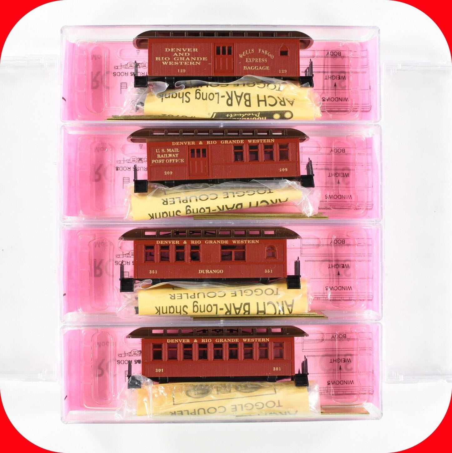N Scale DENVER RIO GRANDE Pre-1918 Overton 4-Car Set  Roundhouse - Knuckle Cplrs