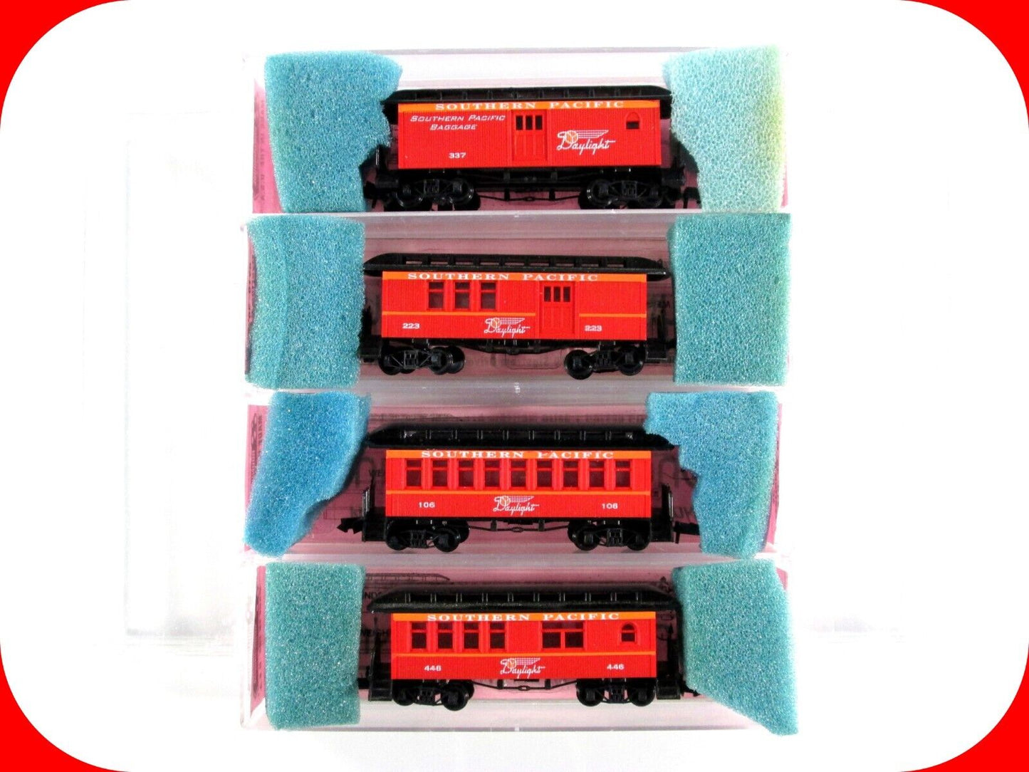 N Scale SOUTHERN PACIFIC DAYLIGHT Overton Passenger Car 4-Pack Set -- Roundhouse