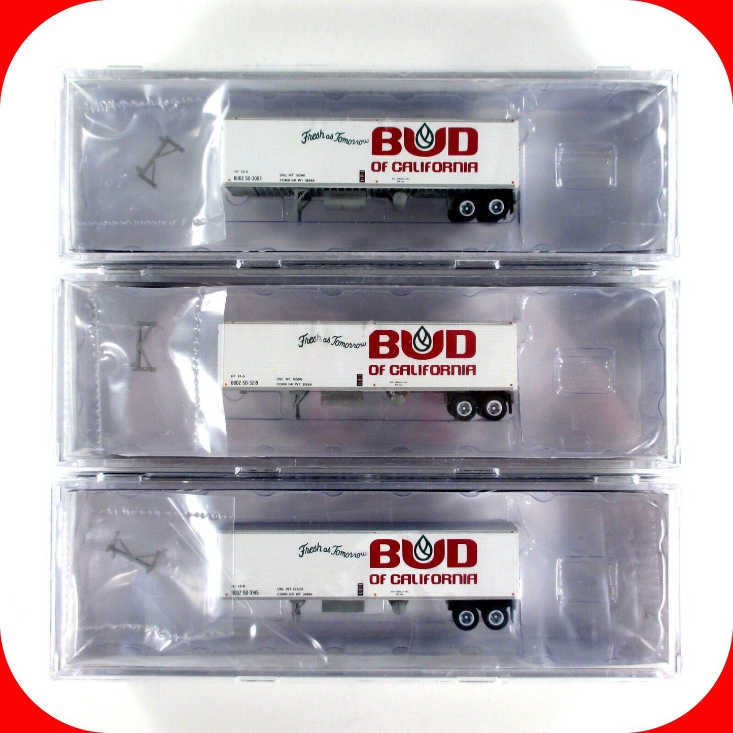 N Scale ***BUD of CALIFORNIA*** 40' Trailer Van 3-Pack Set - Trainworx 40254