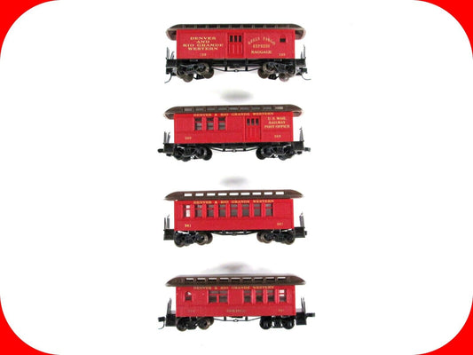 N Scale DENVER RIO GRANDE Pre-1918 Overton 4-Car Set, Roundhouse Knuckle Coupler