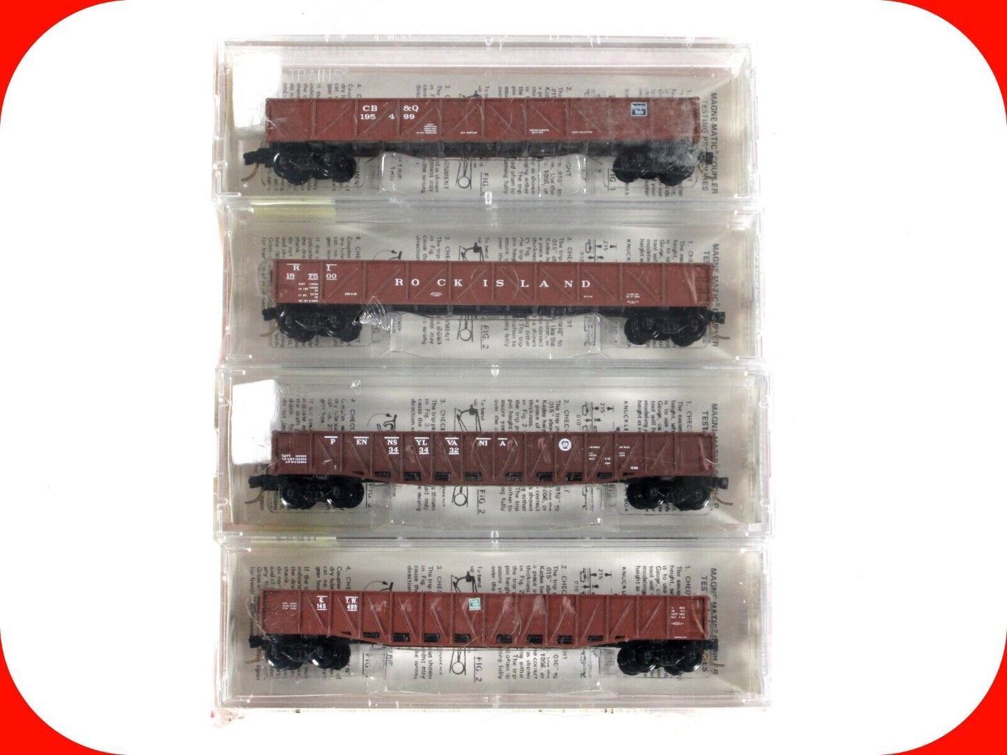 N Scale ***CB&Q ,  RI ,  PRR ,  GTW*** Gondola 4-Pack - Kadee Micro Trains 60022